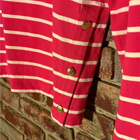 NWT J.Crew Pink Striped Long Sleeve Top Gold Button Nautical Size M - Picture 2 of 4